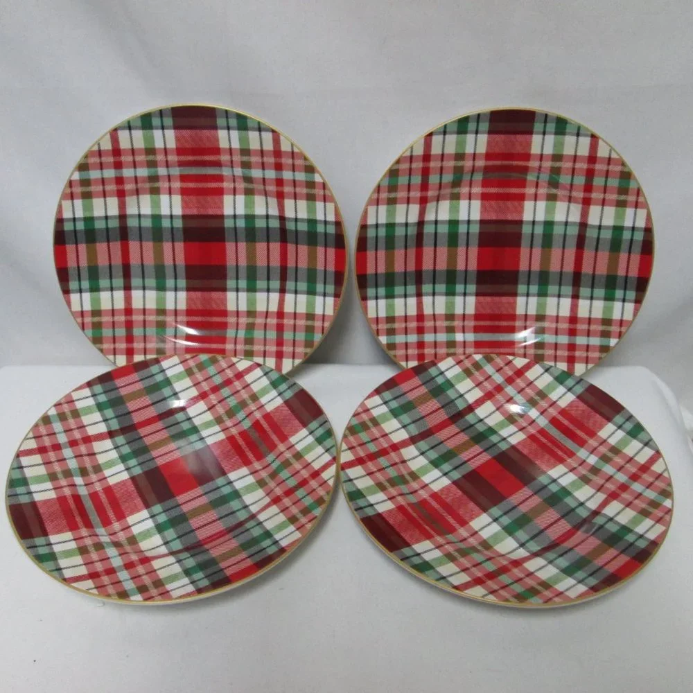 222 Fifth Holiday Small Plaid Christmas Plate Set 4 Porcelain Dish Micro Safe